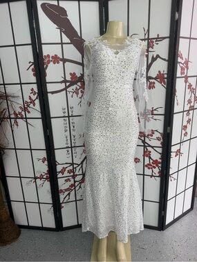 White Sequin Long Sleeve Mermaid Gown